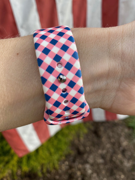 Pink and Navy Check Plaid Silicone Band for Apple Watch