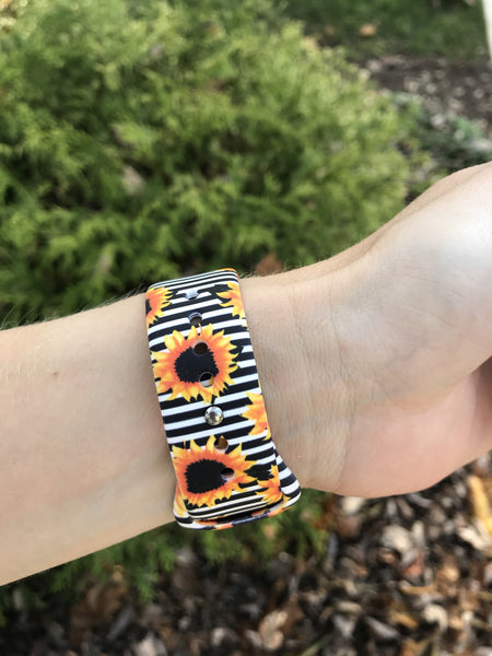 Black & White Stripe Sunflower Silicone Band for Apple Watch